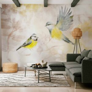 Fotótapéta - Painted tits - bird motif with patterns in yellow and beige tones
