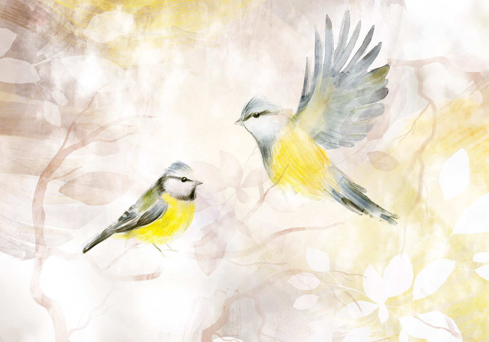 Fotótapéta - Painted tits - bird motif with patterns in yellow and beige tones - Image 6