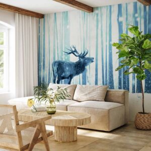 Fotótapéta - Winter animals - deer motif on a forest background in shades of blue