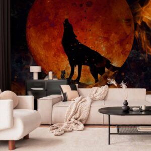 Fotótapéta - Wild nature - wolf on a background of a red moon in flames of fire