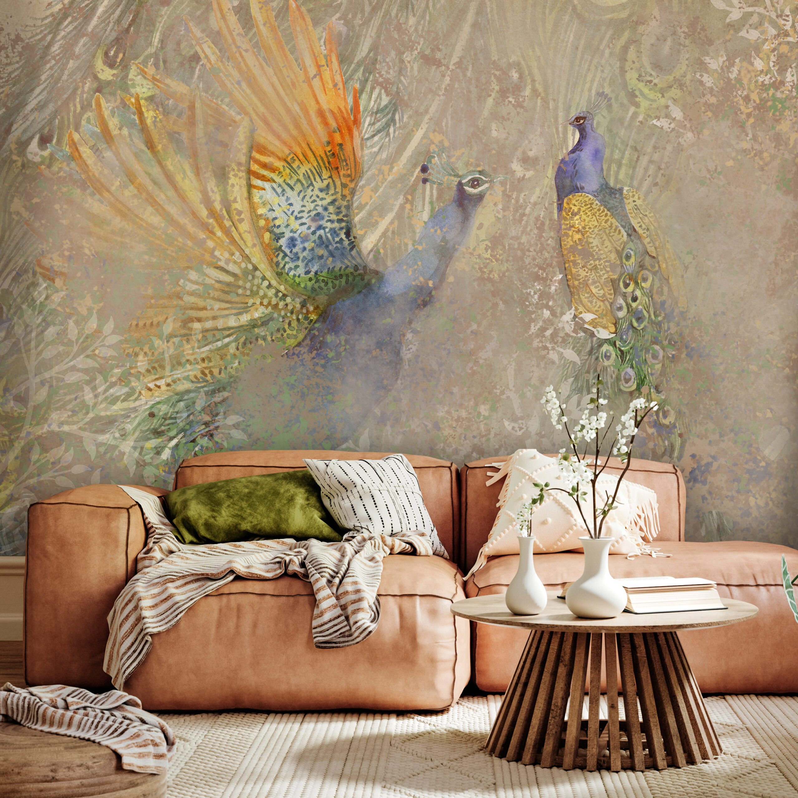 Fotótapéta - Peacocks in dance - bird motif among an abstract pattern with ornaments - Image 2
