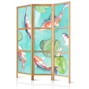 Japán paraván - Spectacular Fish - White-Orange Koi Fish Swimming in Crystal Clear Water with Water Lilies