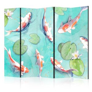 Paraván - Spectacular Koi Fish - White-Orange Koi Fish Swimming in Crystal Clear Water With Water Lilies