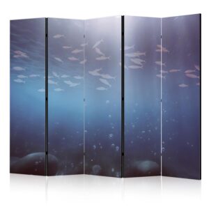 Paraván - School of Small Fish - Illuminated Oceanic Depth in Shades of Navy Purple and Gray with a Shoal of Tiny Fish