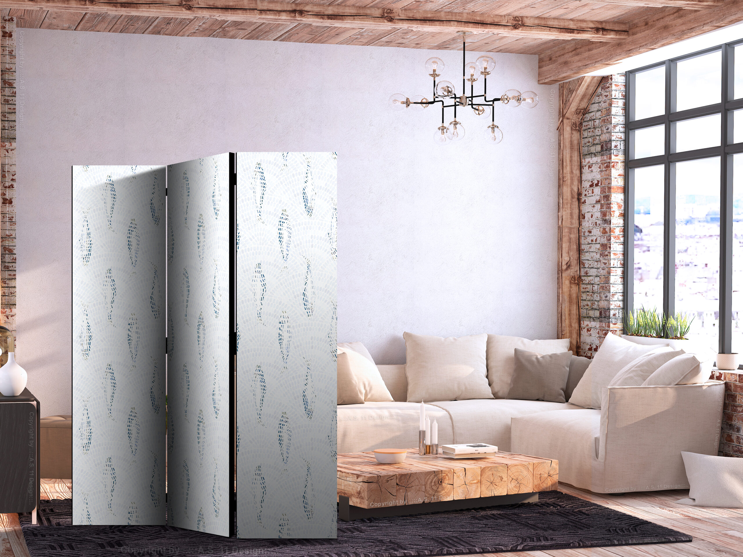 Paraván - Delicate Blue Fish - Mosaic Fish in Subtle Blue Color Shades with an Arched Pattern in the Background - Image 2