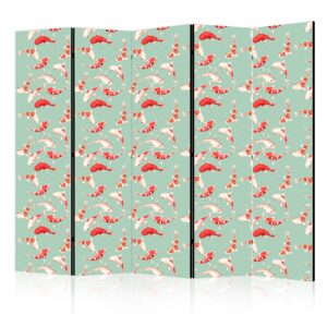 Paraván - Fish And Japanese Pattern - Koi Fish in Orange-Cream Colors on a Green-Mint Background With An Oriental Pattern