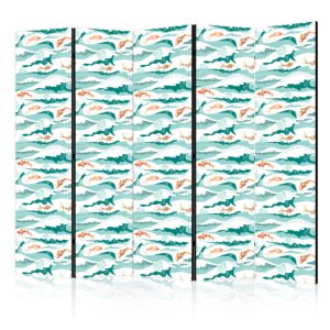 Paraván - Fish Jumping Above The Waves - Oriental Fish And Water Lilies Among High Waves in Shades of Sea Green