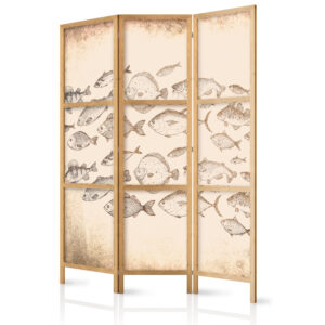 Japán paraván - Sketch of a School of Fish - Sketches of Various Species of Fish Swimming in a School on a Beige Background in Vintage Style