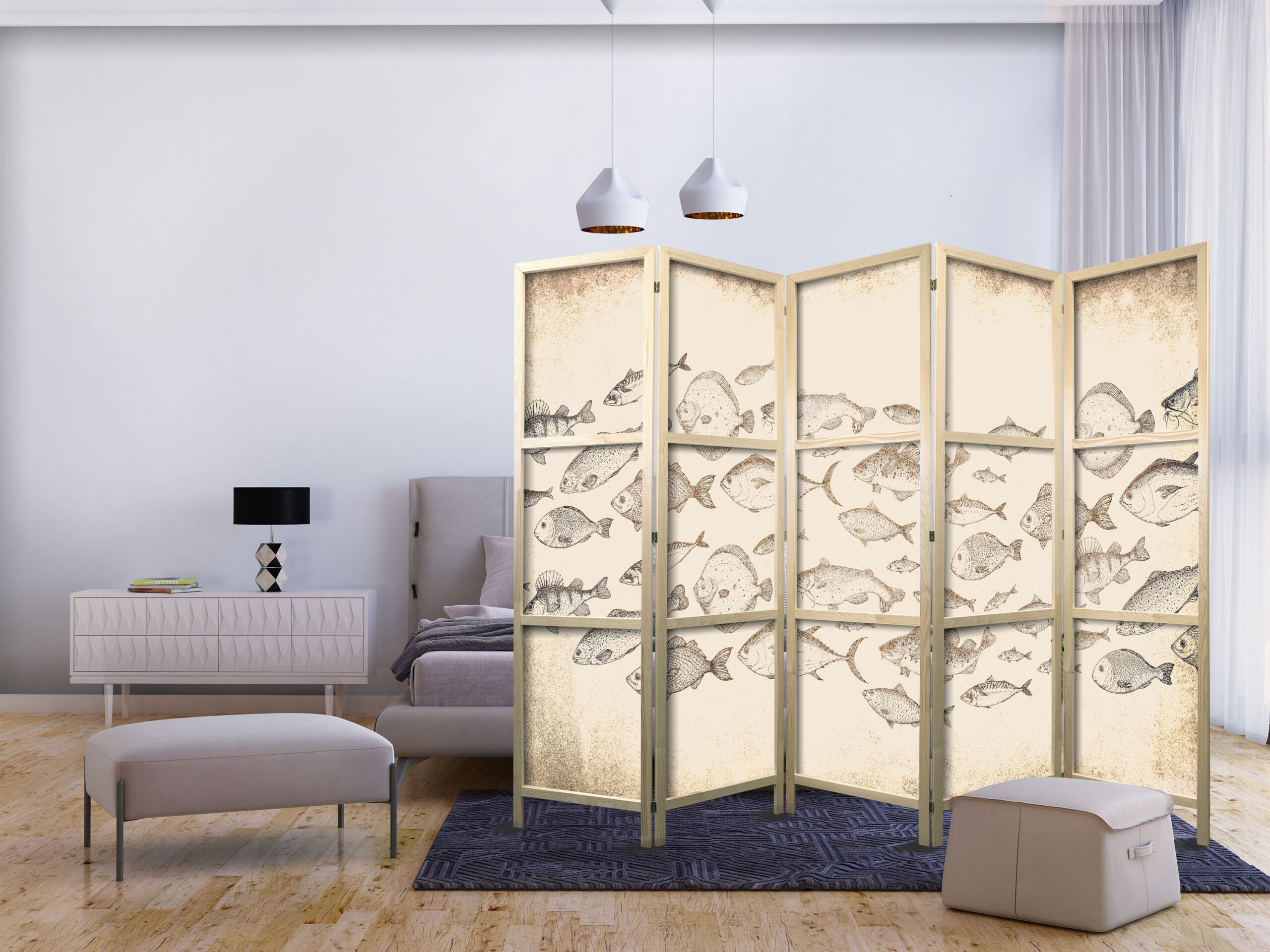 Japán paraván - Sketch of a School of Fish - Sketches of Various Species of Fish Swimming in a School on a Beige Background in Vintage Style - Image 2