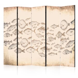 Paraván - Sketch of a Fish School - Sketches of Various Fish Species Swimming in a School on a Beige Background in Vintage Style