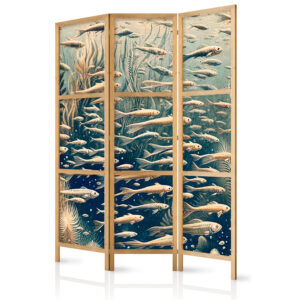 Japán paraván - Life in the Ocean - Underwater World of Fish and Vegetation in Beige and Navy Retro Style