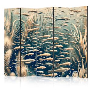 Paraván - Life in The Ocean - Underwater World of Fish And Vegetation in Beige And Navy Colors in Retro Style